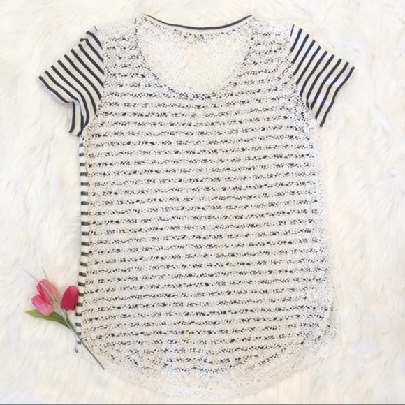 LOFT Crochet Lace Back | Short Sleeve Women's Top Striped Blouse - Picture 7 of 9